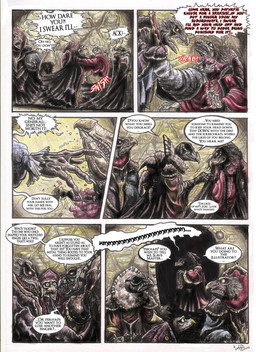angry anthro beak clothed clothing elderly fangs fully_clothed gown group multi_limb renaissance_clothing saving speech_bubble teeth text whimper skekla_(artist) the_dark_crystal skekla_the_illustrator skekna_the_slave_master skeksil_the_chamberlain skekung_the_garthim_master alien skeksis 2016 comic english_description english_text hi_res signature herm_(lore)