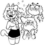 anthro biped bottomwear clothing eyewear female gesture glasses legwear necktie open_mouth shirt skirt smile smug solo stockings tongue tongue_out topwear waving creator_ant amy_(creator_ant) domestic_cat felid feline felis mammal 1:1 2022 black_and_white hi_res monochrome