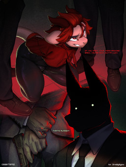 accessory anthro arms_tied bound bulge clothing footwear fur furgonomics group gun hair hoodie horn latex latex_clothing latex_outfit latex_skinsuit male multi_horn necktie piercing ranged_weapon red_clothing red_eyes red_hair red_horn red_piercing red_topwear shoes skinsuit suit tail tail_accessory tailband text tight_clothing topwear trio weapon white_body white_eyes white_fur coughytoffee dreddy_(dreddyhypno) bovid canid canine canis caprine dobermann domestic_dog goat imp mammal pinscher hi_res