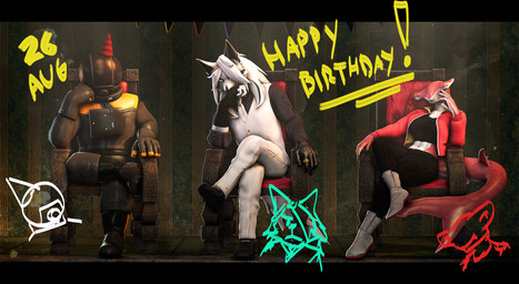 5_fingers ambiguous_gender anthro black_nose boots bottomwear breasts chair clothed clothed_anthro clothed_female clothed_humanoid clothed_male clothing female fingers footwear fur furniture gloves group hair handwear hat headgear headwear humanoid_hands jacket male necktie on_chair pants party_hat red_body red_skin shoes sitting sitting_on_chair sitting_on_throne spacesuit text throne topwear trio vest white_body white_fur white_hair petruz petruz_(modeler) petruz_(copyright) petruz_(character) phyrna_(petruz) tiangou_(petruz) aquatic canid canine canis fish ground_shark hammerhead_shark humanoid hybrid mammal shark wolfdog 3d_(artwork) digital_media_(artwork) english_text hi_res