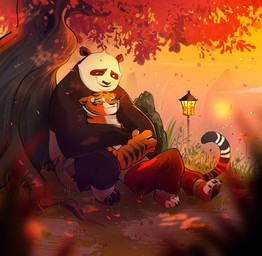 anthro arms_around_partner autumn black_body black_fur duo falling_leaves female fur hug male male/female orange_body orange_fur outside plant romantic romantic_ambiance romantic_couple sitting smile tree under_tree white_body white_fur glacierclear dreamworks kung_fu_panda master_po_ping master_tigress bear felid giant_panda mammal pantherine tiger 2025 hi_res