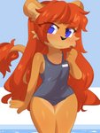 anthro blue_eyes blush clothed clothing female hair one-piece_swimsuit school_swimsuit solo swimwear wide_hips young young_anthro young_female aoizuri zeromegas misty_(zeromegas) felid lion mammal pantherine 3:4 hi_res