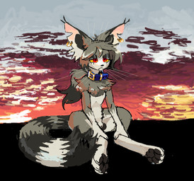 animal_genitalia anthro collar detailed_background digitigrade ear_piercing ear_ring frown fully_sheathed fur genitals grey_body grey_fur hair male notched_ear nude_anthro nude_male pawpads paws piercing ponytail ring_piercing sheath sky small_sheath solo striped_body striped_fur stripes sunset whiskers worm_(artist) felid feline mammal