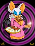 anthro bacon beverage big_breasts bread breasts butter cleavage clothed clothing dairy_products egg female food glass juice_(beverage) lens_flare meat orange_juice plate solo toast omegasunburst sega sonic_the_hedgehog_(series) rouge_the_bat bat mammal absurd_res hi_res