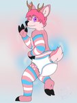 ambiguous_gender anthro antlers arm_warmers armwear brown_antlers clothed clothing diaper disembodied_hand eyelashes eyes_closed fur hair hoof_hands hooves horn leg_warmers legwear lgbt_pride looking_at_viewer one_eye_closed pink_body pink_eyes pink_fur pink_hair pink_spots pride_colors simple_background solo spots tongue transgender_pride_colors wearing_diaper wink winking_at_viewer fennecat deer mammal 1:1 absurd_res hi_res watermark