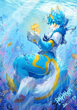 anthro blue_body blue_fur blush bottomless bubble clothed clothing duo_focus fur green_eyes group horn male male_anthro markings open_mouth scales side_view underwater water white_body white_fur yellow_body yellow_horn yellow_markings yellow_scales young young_anthro young_male papayafurry aquatic canid canine fish mammal absurd_res hi_res