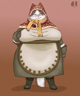 anthro apron big_breasts blush blush_lines boots breasts brown_background brown_body brown_fur clothed clothing digitigrade eyelashes eyes_closed eyewear female footwear front_view fur glasses green_boots green_clothing green_footwear headgear headwear huge_breasts orange_scarf overweight overweight_female red_clothing red_headwear round_glasses scarf shoes simple_background small_glasses smile solo white_body white_fur wide_hips souley69 capcom monster_hunter grammeowster_chef felid felyne lynian mammal palico 5:6 hi_res