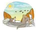 4_toes american_mythology anatid anseriform anserinae anthro avian bent_legs biped bird black_nose blue_sky brown_eyebrows canid canine canis canyon casual_nudity chest_tuft cloud cloudy_sky colored coyote coyote_(native_american_mythology) coyote_stories crossed_arms crossed_legs curled_tail curling_tail digital_drawing_(artwork) digital_media_(artwork) eyebrows feet flat_colors flock_of_birds fluffy fluffy_tail fur gloves_(marking) goose grey_body grey_fur grin group half-closed_eyes hands_behind_head head_on_arm humanoid_feet humanoid_heel illustration indigenous_north_american_mythology knee_tuft knee_up knees_bent leg_markings leg_tuft lines_drawn low_res lying male mammal markings mesa_(landscape) molly_trainor multicolored_body multicolored_fur mythology narrowed_eyes natural naturally_censored north_american_mythology nude nude_anthro on_back outdoor_nudity outside plantigrade public_domain raised_head reclining relaxed_expression relaxing rock shaded shadow silhouette silhouetted_body sky skyscape smile smirk smug smug_expression smug_face smug_grin socks_(marking) solo solo_focus story story_at_source sun supported_legs tail tail_around_butt tapping_foot toe_wiggle toes tuft two_tone_body two_tone_fur wavy_mouth wavy_smile white_body white_chest white_feet white_fur white_hands white_sclera yellow_eyes