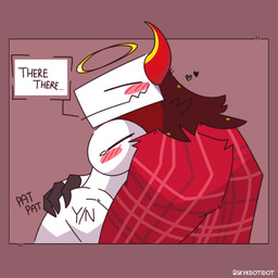 ambiguous_gender anthro blush brown_background closed_smile clothed clothed_anthro clothed_male clothing dialogue duo eyes_closed fur halo head_horn heart_symbol horn hug hugging_another male mouth_closed pattern_clothing pattern_shirt pattern_topwear plaid plaid_clothing plaid_shirt plaid_topwear red_body red_clothing red_fur red_shirt red_topwear shirt side_view simple_background smile speech_bubble talking_to_another text topwear white_body skykdotidot anon karma_(skykdotidot) unknown_species 1:1 2024 artist_name digital_drawing_(artwork) digital_media_(artwork) english_text half-length_portrait hi_res portrait