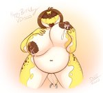 accessory anthro big_breasts bodily_fluids breasts brown_lips female furgonomics hair huge_breasts jewelry lactating lips milk nipples non-mammal_breasts nude piercing ring simple_background slightly_chubby slightly_chubby_female solo tail tail_accessory tail_jewelry tail_ring yellow_body drxii noffy nushi reptile scalie digital_media_(artwork)