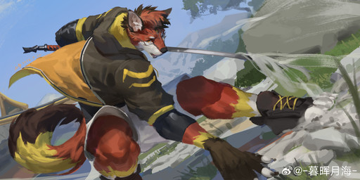 action_pose anthro black_body black_clothing black_fur black_hair black_jacket black_nose black_topwear blue_sky clothed clothing fur hair holding_melee_weapon holding_object holding_sword holding_weapon jacket male male_anthro melee_weapon multicolored_hair open_mouth orange_eyes outside pose red_body red_fur red_hair sky solo sword topwear two_tone_hair weapon white_body white_fur yellow_body yellow_clothing yellow_fur yellow_jacket_(clothing) yellow_topwear awaldkize canid canine mammal absurd_res hi_res