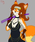 accessory anthro blue_eyes clothing female gesture hair hand_gesture hand_on_hip headband headgear katana looking_at_viewer melee_weapon ponytail smile solo sword v_sign weapon mcnuggetronis_(artist) asami_the_furry_samurai hollow_hip_backless_chain_dress meme_clothing asami_(atfs) canid canine fox mammal hi_res meme