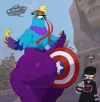 anthro big_butt butt clothed clothing dialogue duo feathers female female_anthro glistening_eyelids huge_butt nude object_between_cheeks purple_body purple_feathers shield text sssonic2 epic_games fortnite marvel budge_(fortnite) meow_skulls avian bird domestic_cat felid feline felis mammal parakeet parrot true_parrot 2024 digital_media_(artwork) english_text hi_res