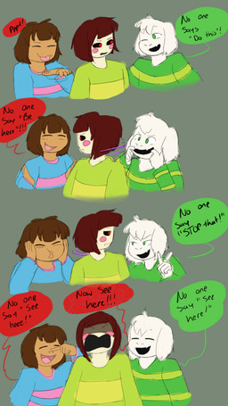 ambiguous_gender angry anthro blue_clothing blue_sweater blue_topwear blush clothing fur green_clothing green_eyes green_sweater green_topwear group hair humor laugh male open_mouth pattern_clothing pattern_sweater pattern_topwear red_eyes striped_clothing striped_sweater striped_topwear stripes sweater tongue tongue_out topwear white_body white_fur creepykitty413 disney the_lion_king undertale undertale_(series) asriel_dreemurr chara_(undertale) frisk_(undertale) boss_monster_(undertale) bovid caprine goat human mammal 9:16 comic crossover hi_res