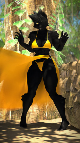 5_fingers anthro barefoot big_breasts bikini black_body black_fur black_hair breasts cleavage clothed clothing feet female fingers fur hair hair_over_eye looking_down one_eye_obstructed outside plant solo swimwear tail tree two-piece_swimsuit wind yellow_bikini yellow_clothing yellow_eyes yellow_swimwear conditional_dnp domi3d mimi_(domibun) felid mammal pantherine 2024 3d_(artwork) 4k 9:16 absurd_res digital_media_(artwork) hi_res source_filmmaker_(artwork)