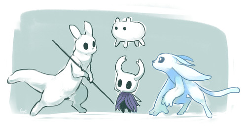 ambiguous_gender anthro black_body digitigrade feral fingers group holding_object holding_weapon horn quadruped tail weapon white_body white_head white_horn white_tail color_fox baba_is_you hollow_knight_(franchise) microsoft ori_(series) rain_world team_cherry videocult xbox_game_studios baba ori_(ori) survivor_(rain_world) the_knight_(hollow_knight) guardian_spirit slugcat vessel_(species) 2025 hi_res