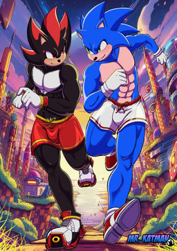 abs anthro athletic_wear biceps black_body black_fur blue_body blue_fur bottomwear bulge clothed clothing duo eye_contact footwear fur gloves green_eyes gym_bottomwear gym_shorts handwear looking_at_another male muscular muscular_anthro muscular_male outside pecs running shoes shorts smile topless topless_anthro topless_male ai_assisted ai_generated_background mrkatman sega sonic_the_hedgehog_(series) shadow_the_hedgehog sonic_the_hedgehog eulipotyphlan hedgehog mammal digital_media_(artwork) hi_res