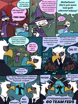 7_panel_comic accessory anthro body_hair clothing dialogue eyes_closed eyewear fur gesture half-closed_eyes hat headgear headwear high_five humor narrowed_eyes necktie shirt speech_bubble suit sunglasses t-shirt text toony topwear white_body white_fur witch_hat happyroadkill fbi deborah_dove accipitrid accipitriform avian bird columbid dove eagle absurd_res comic english_text hi_res mother_(lore) parent_(lore) son_(lore)