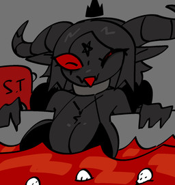 2_horns anthro bathing bikini black_bikini black_clothing black_swimwear blood_bath clothing crown female fur grey_background grey_body grey_fur grey_hair hair headgear horn open_mouth open_smile red_sclera simple_background smile solo swimwear two-piece_swimsuit xarop77 bovid caprine demon goat mammal 2025 digital_drawing_(artwork) digital_media_(artwork) hi_res