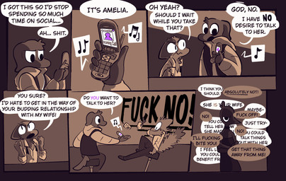 alcohol angry annoyed anthro bar beverage cellphone electronics female flip_phone fluffy fluffy_tail male musical_note musical_symbol phone profanity scared spilled_drink symbol tail text yelling vanilla_candy amelia_is_calling avian bird canid canine canis domestic_cat domestic_dog felid feline felis mammal comic english_text hi_res