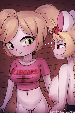 accessory anthro areola big_breasts biped blonde_hair bottomless bottomless_female braided_hair breasts clothed clothing duo ellipsis eye_contact eyebrows female fur genitals green_eyes hair hair_accessory inside looking_at_another navel nipple_outline nipples pigtails pink_nose red_clothing red_shirt red_topwear shirt smile text text_on_clothing text_on_shirt text_on_topwear topless topless_female topwear vulva white_body white_fur lumineko mammal mouse murid murine rodent 2025 2:3 english_text