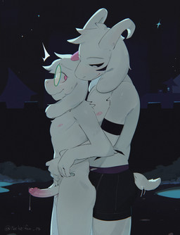 anthro blush bodily_fluids boxer_briefs clothed clothed/nude clothing duo erection genital_fluids genitals humanoid_genitalia humanoid_penis male male/male nipples nude penis precum side_view standing tail topless topless_male underwear nickeldalm deltarune undertale undertale_(series) asriel_dreemurr_(god_form) ralsei bovid caprine goat mammal hi_res