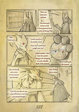 anthro beak biped cloak clothing dialogue duo eyes_closed fur hand_spike male market_stall open_mouth page_number red_eyes reflection scar spikes spikes_(anatomy) tail text truescorn nintendo pokemon pokemon_mystery_dungeon shadows_for_hire spike_chunsoft asche_(truescorn) generation_1_pokemon generation_4_pokemon golduck lucario pokemon_(species) 2025 absurd_res comic english_text hi_res huge_filesize