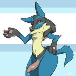 annoyed anthro big_butt big_penis black_body black_fur blue_body blue_fur blush bodily_fluids butt dripping erection fur genital_fluids genitals male pattern_background pawpads penis pink_pawpads precum precum_drip simple_background small_waist solo striped_background sweat sweatdrop thick_thighs wide_hips yellow_body yellow_fur cynicalstarr nintendo pokemon generation_4_pokemon lucario pokemon_(species) 1:1 2020 hi_res portrait signature three-quarter_portrait