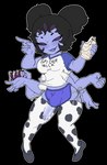 5_eyes 6_arms animal_print anthro black_hair black_sclera blue_body blue_skin bodily_fluids bulge clothing cow_print cum cum_in_a_cup cum_in_container detailed_bulge double_bun genital_fluids genital_outline gynomorph hair intersex looking_at_viewer multi_arm multi_eye multi_limb penis_in_thigh_high penis_outline purple_eyes shirt simple_background solo standing text text_on_clothing text_on_shirt text_on_topwear topwear transparent_background gcfmug meme_clothing undertale undertale_(series) muffet animal_humanoid arachnid arachnid_humanoid arthropod arthropod_humanoid humanoid spider_humanoid alpha_channel english_text hi_res meme