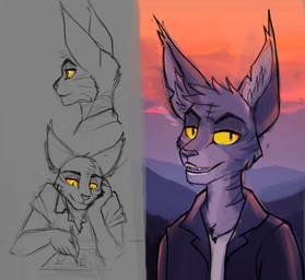 anthro blue_clothing blue_jacket blue_topwear clothed clothing fangs fur glistening glistening_eyes grey_body grey_fur jacket looking_at_viewer male mountain open_mouth orange_sky outside pink_tongue pupils shirt simple_background sky slit_pupils solo striped_neck t-shirt teeth tongue topwear unsigned acidic cid_(acidic) felid mammal bust_portrait colored_sketch multiple_images portrait sketch