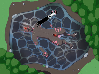 anthro armpit_tuft balls bandage bird's-eye_view black_nose brown_body brown_fur flaccid fur genitals glans glowing glowing_genitalia glowing_horn glowing_penis gradient_horn gradient_penis gradient_tail high-angle_view horn inner_ear_fluff male markings nipples outside partially_submerged pawpads penis pink_markings pink_nipples pink_pawpads pink_tail plant pond red_penis red_tail resting small_penis solo spade_tail spiked_penis spikes spikes_(anatomy) tail tree tuft water awsmgmer invor_(awsmgmer) canid canine demon fennec_fox fox mammal true_fox absurd_res digital_drawing_(artwork) digital_media_(artwork) hi_res signature