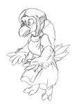 anthro beak biped clothed clothing feathers female hair simple_background solo white_background kitsune_youkai nintendo the_legend_of_zelda wind_waker medli avian bird rito 2023 black_and_white low_res monochrome