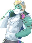 anthro blonde_hair blue_body blue_fur electronics fur hair headphones headphones_around_neck kemono male muscular muscular_anthro muscular_male pecs sleeveless_hoodie solo striped_body striped_fur stripes bunbougu_ksgm lifewonders live_a_hero rexer felid mammal pantherine tiger hi_res