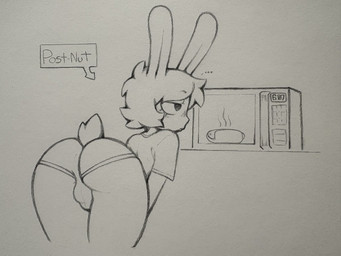 anthro appliance ball_bulge bent_over bulge butt clock clothed clothed_anthro clothed_male clothing detailed_bulge digital_clock electronics ellipsis femboy food fur hair hot_dog kitchen_appliance long_ears looking_at_object male microwave_oven mouth_closed scut_tail shirt short_tail solo standing steam steam_lines tail text text_box topwear shiftyeen lagomorph leporid mammal rabbit 2026 4:3 english_text graphite_(artwork) hi_res monochrome traditional_media_(artwork)