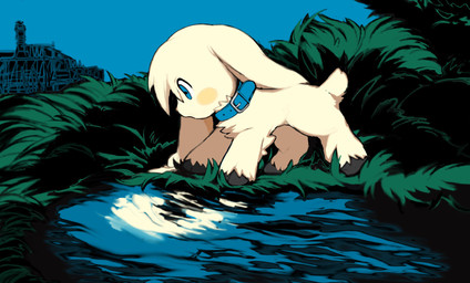 ambiguous_gender blue_eyes cloven_hooves collar feral grass hooves horizontal_pupils lake looking_at_reflection outside plant pupils solo water dayohiko bovid caprine goat mammal hi_res