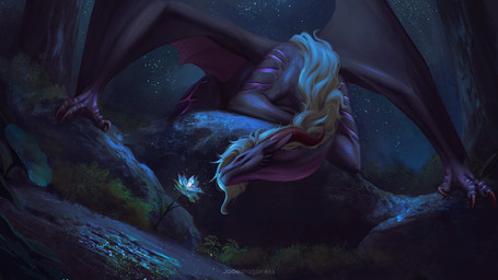ambiguous_gender bioluminescence claws detailed_background feral flower front_view glowing grey_body grey_scales hair horn long_neck lying membrane_(anatomy) membranous_wings night on_front outside plant rock scales sky smile snout solo star starry_sky tree wings jadedragoness mythology dragon mythological_creature mythological_scalie scalie 16:9 2026 digital_drawing_(artwork) digital_media_(artwork) hi_res shaded widescreen