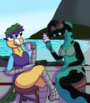 absurd_res anthro apode avian beach beverage bird breasts clothed clothing day duo elapid_(snake) female hi_res legless macaw neotropical_parrot non-mammal_breasts outside parrot reptile rhpenguin scalie sea_snake sitting snake true_parrot