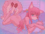 4_toes anthro bed bedroom butt claws crossed_arms digitigrade feet feet_up female female_anthro fur furniture hair hindpaw inside legs_up long_hair lying on_bed on_front pawpads paws pink_body pink_fur pink_hair solo toe_claws toes creamytako bocchi_the_rock hitori_gotou canid canine mammal 4:3 digital_media_(artwork) digital_painting_(artwork) hi_res