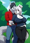 anthro big_breasts breasts clothed clothing digit_ring duo female fur hair hand_holding jewelry male male/female mature_female red_sclera ring smile wedding_ring white_body white_fur the_dark_mangaka helluva_boss mythology dan_darkheart loona_(helluva_boss) canid canid_demon canine canis demon hellhound mammal mythological_canine mythological_creature wolf 2024 absurd_res digital_media_(artwork) hi_res