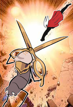 angry black_arms black_legs cloak clothed clothing duo fist holding_object holding_scissors red_cloak red_clothing scissors size_difference white_head shiyaa_stuff xiya21 hollow_knight:_silksong hollow_knight_(franchise) team_cherry hornet_(hollow_knight) arthropod