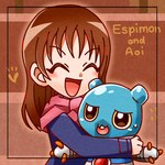 anthro blue_body brown_hair buckteeth duo female hair heart_symbol hug long_hair male scarf smile teeth yellow_eyes hinako_710 bandai_namco digimon digimon_ghost_game aoi_(digimon_ghost_game) digimon_(species) espimon human mammal 1:1