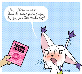 anthro blush bodily_fluids book claws clothing dialogue disembodied_hand duo eyelashes female fur gloves handwear holding_object humor nervous nervous_smile nervous_sweat open_mouth smile solo_focus sweat tail talking_to_another text white_body white_fur mr_harinezumi bandai_namco digimon kama_sutra bianc_(el_senor_erizo) digimon_(species) felid gatomon human mammal 2025 digital_media_(artwork) hi_res spanish_description spanish_text translated