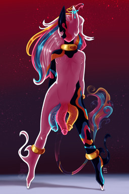 breasts erection female feminine genitals hair long_hair nipples nude penis simple_background small_breasts solo tail tri_cock triple_cock vaalravn alien humanoid monster absurd_res hi_res