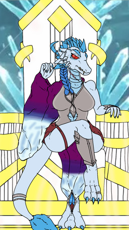 3_toes anthro armor blue_body blue_hair bottomwear cape claws clothing crossed_legs fangs feet female gold_(metal) hair ice marble red_eyes scar shin_guards sitting skirt solo tail tail_tuft teeth toe_claws toes tuft wrist_armor ixblair mythology empress_arulenta_(bottled_starlight) dragon mythological_creature mythological_scalie scalie 9:16 hi_res