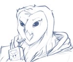 ambiguous_gender anthro beak beverage clothing drinking_straw holding_beverage holding_juice_box holding_object hoodie juice_box looking_forward solo topwear pandottermon avian bird owl black_and_white blue_and_white monochrome sketch