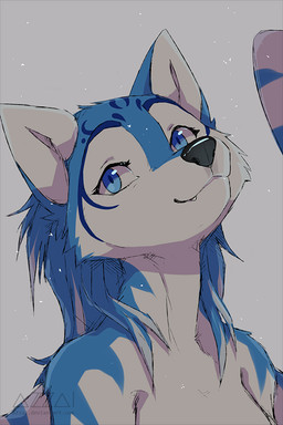 anthro black_nose blue_body blue_eyebrows blue_eyes blue_fur blue_hair blue_markings cute_fangs eyebrows fangs female fur grey_background grey_body grey_fur hair looking_at_viewer markings multicolored_hair nude simple_background smile smiling_at_viewer snout solo teeth two_tone_hair white_hair azzai canid canine canis mammal wolf 2019 cel_shading colored colored_sketch digital_drawing_(artwork) digital_media_(artwork) shaded sketch