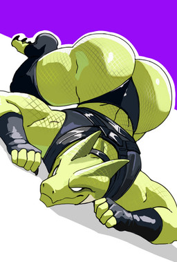 3_toes 4_fingers anthro ass_up big_butt biped black_claws black_clothing black_collar black_gloves black_handwear black_legwear black_thigh_highs black_thong black_topwear black_underwear butt claws clothed clothed_anthro clothed_male clothing collar empty_eyes feet fingerless_gloves fingers glistening glistening_butt glistening_clothing gloves green_body green_scales handwear legwear male male_anthro mouth_closed muscular muscular_anthro muscular_male outline purple_background scales simple_background solo thigh_highs thong toe_claws toeless_thigh_highs toes topwear underwear white_background white_eyes white_outline crimenes epic_games fortnite hybrid_(fortnite) lizard reptile scalie 2026 digital_drawing_(artwork) digital_media_(artwork) spanish_description