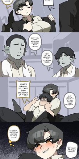 big_breasts biped blush bodily_fluids breasts chokehold clothed clothing dialogue eyes_closed female group hair headlock inside male pupils shirt smile speech_bubble sweat text thick_thighs three-quarter_view topwear junkzero animal_humanoid aquatic aquatic_humanoid fish fish_humanoid human humanoid mammal shark_humanoid absurd_res comic english_text hi_res