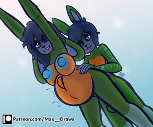 anthro areola balls big_breasts bite biting_lip blush bodily_fluids breasts cum cum_inflation cum_inside duo female female_penetrated femboy genital_fluids genitals inflation low-angle_view male male/female motion_lines nipples nude penetration penis selfcest smug square_crossover text vaginal vaginal_penetration max_draws patreon labster lagomorph leporid mammal rabbit url