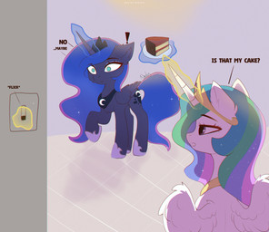 1_horn black_neckwear black_tiara blue_eyeshadow blue_hair blue_tail cake crescent_moon_(marking) crown cutie_mark dessert dialogue dish duo eyelashes eyeshadow feathered_wings feathers female female_feral feral food glowing glowing_horn hair headgear highlights_(coloring) hooves horn inside levitation light_switch looking_at_another magic makeup markings moon_(marking) multicolored_hair open_mouth purple_body purple_highlights purple_hooves purple_wings quadruped spiral_horn surprised tail teal_eyes text tiara white_body white_feathers white_horn wings yellow_neckwear nnalyart friendship_is_magic hasbro my_little_pony mythology princess_celestia_(mlp) princess_luna_(mlp) equid equine mammal mythological_creature mythological_equine winged_unicorn absurd_res digital_drawing_(artwork) digital_media_(artwork) english_text hi_res shaded sibling_(lore) sister_(lore) sisters_(lore)